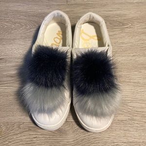 White Platform Sneakers with Fur Balls